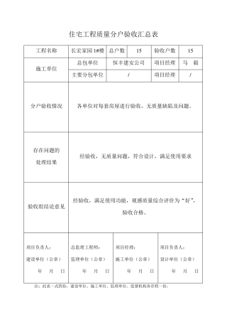 住宅工程质量分户验收汇总表
