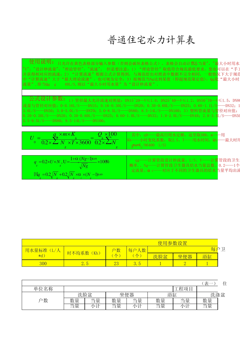 住宅给水流量、管径计算表(V1.0)_第1页