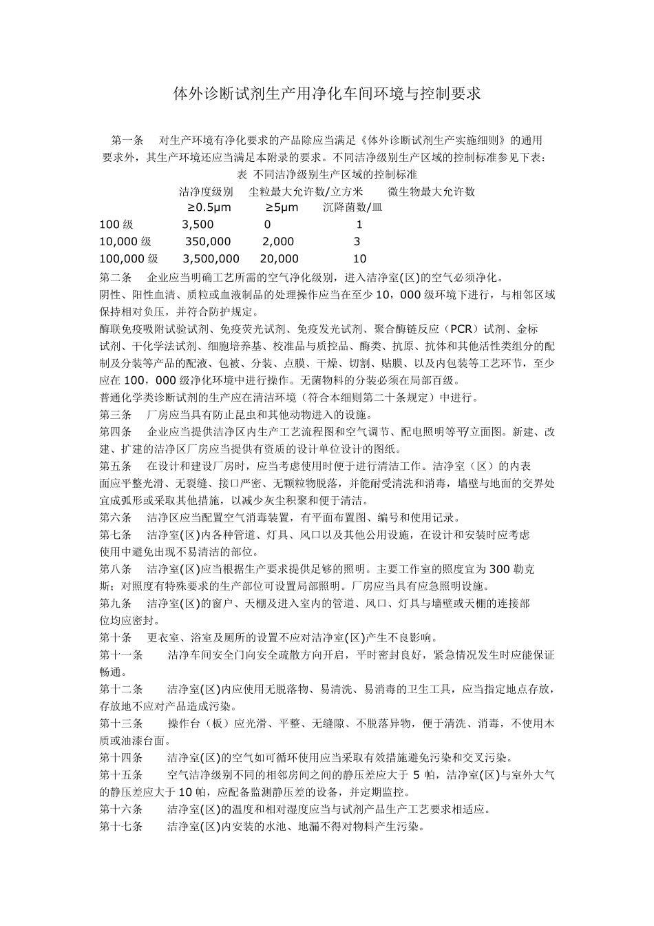 体外诊断试剂生产用净化车间环境与控制要求_第1页