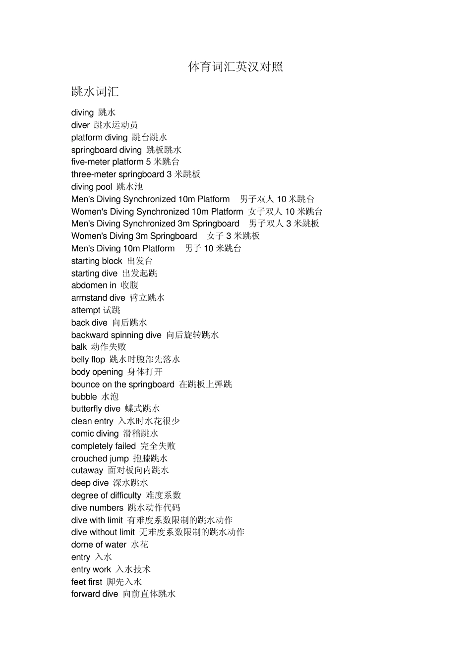 体育词汇英汉对照英译_第1页