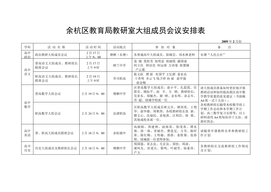 余杭区教育局教研室大组成员会议安排表_第1页