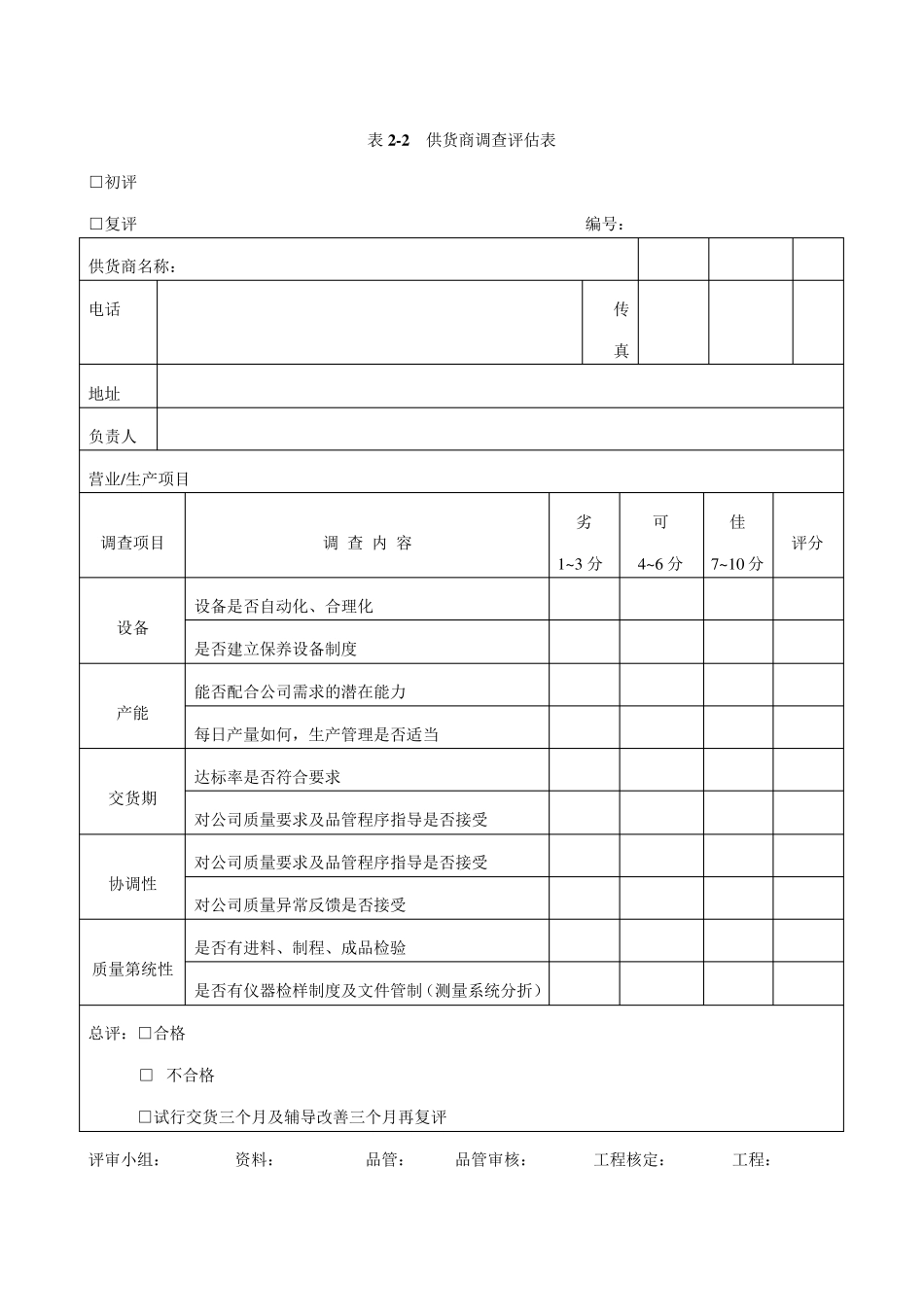 供应商管控《供应商调查表》《供货商调查评估表》《供应商资料卡》《供应商来料质量状况月统计表》_第2页