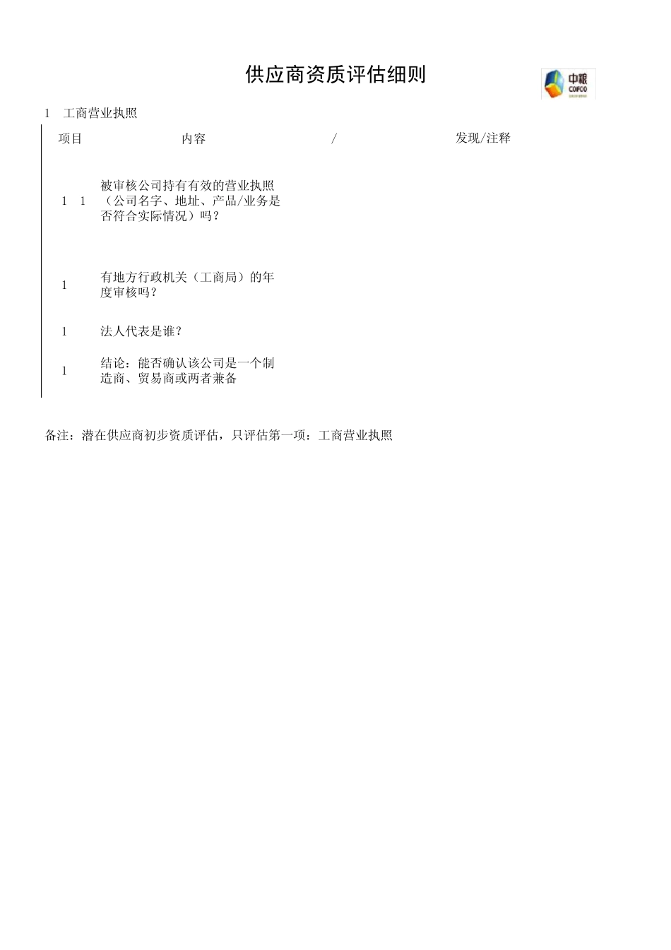 供应商资质评估报告(中粮集团)_第1页