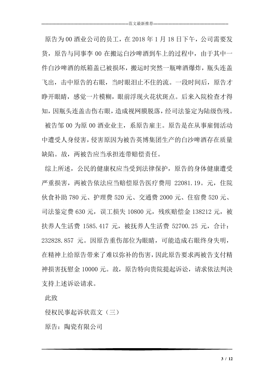 侵权民事起诉状范文_第3页