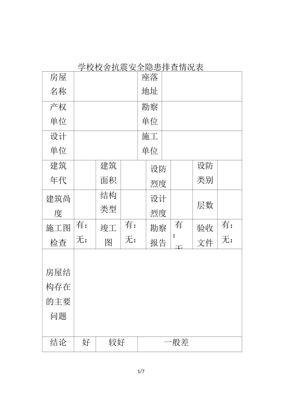 学校校舍抗震安全隐患排查情况表_第1页