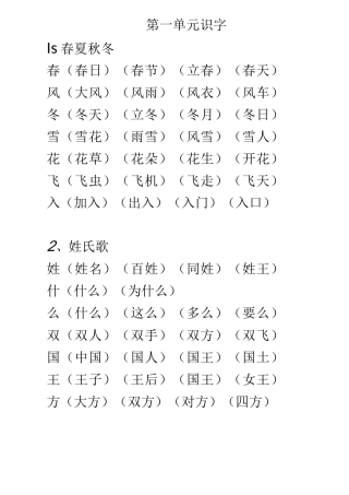 语文人教版一年级下册生字表