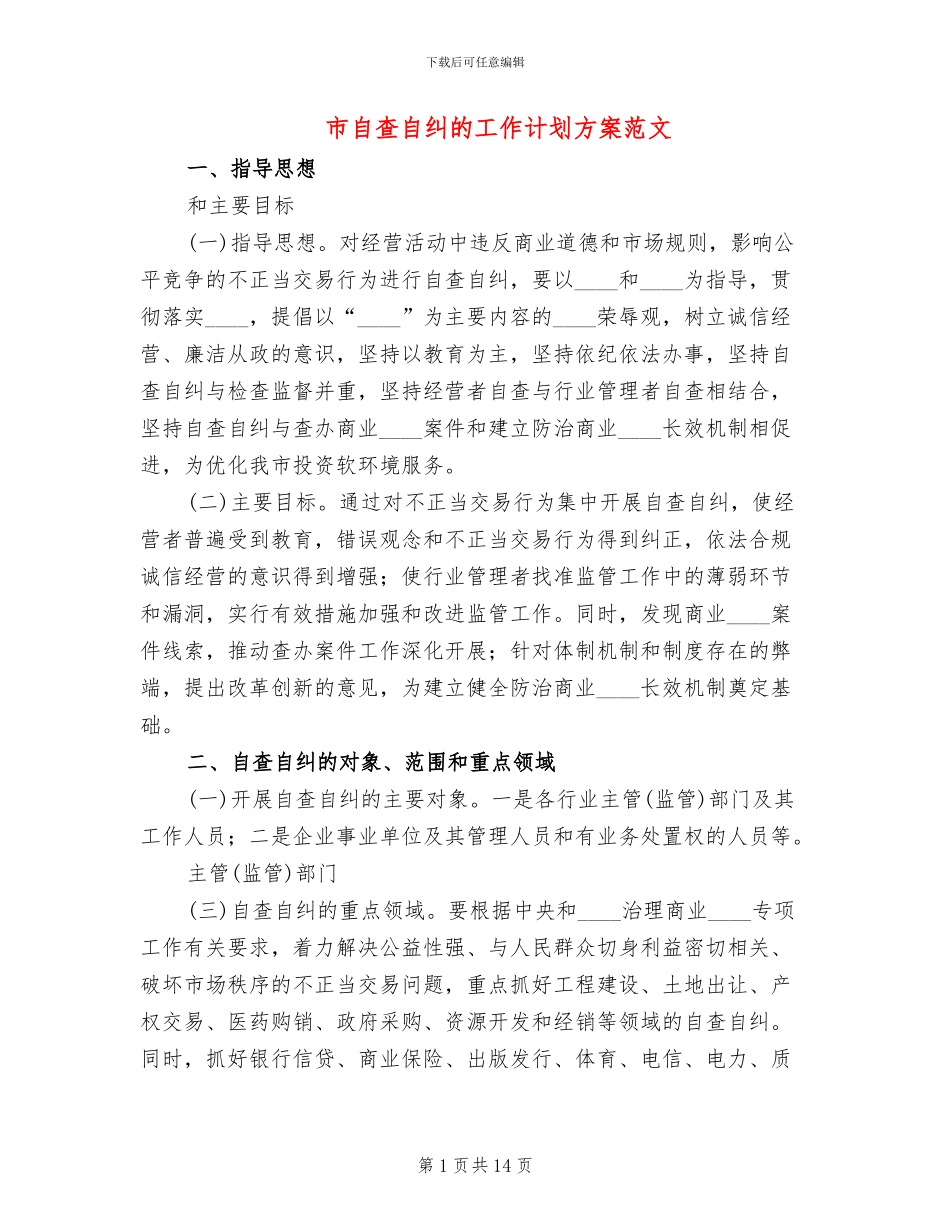 市自查自纠的工作计划方案范文_第1页
