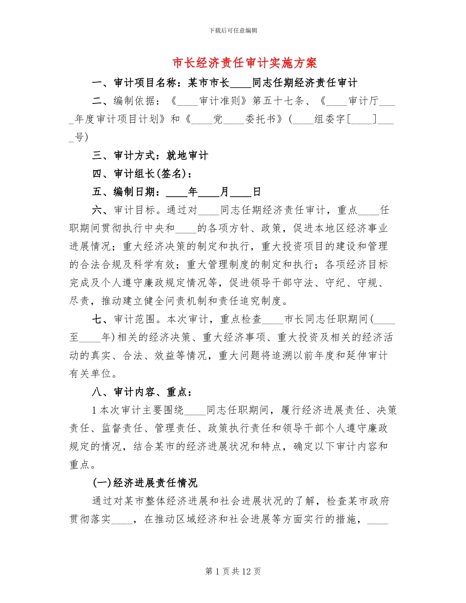 市长经济责任审计实施方案(2篇)_第1页