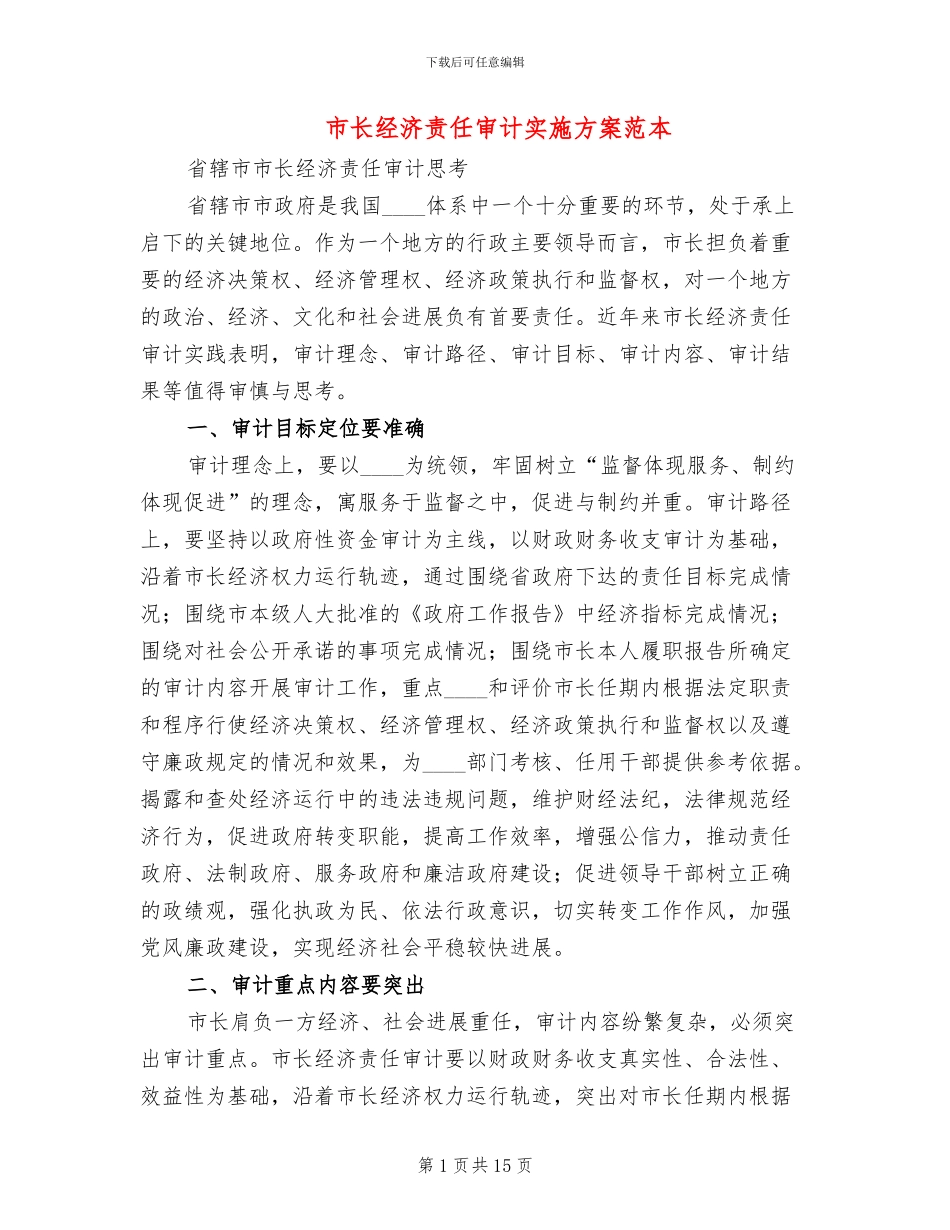 市长经济责任审计实施方案范本_第1页