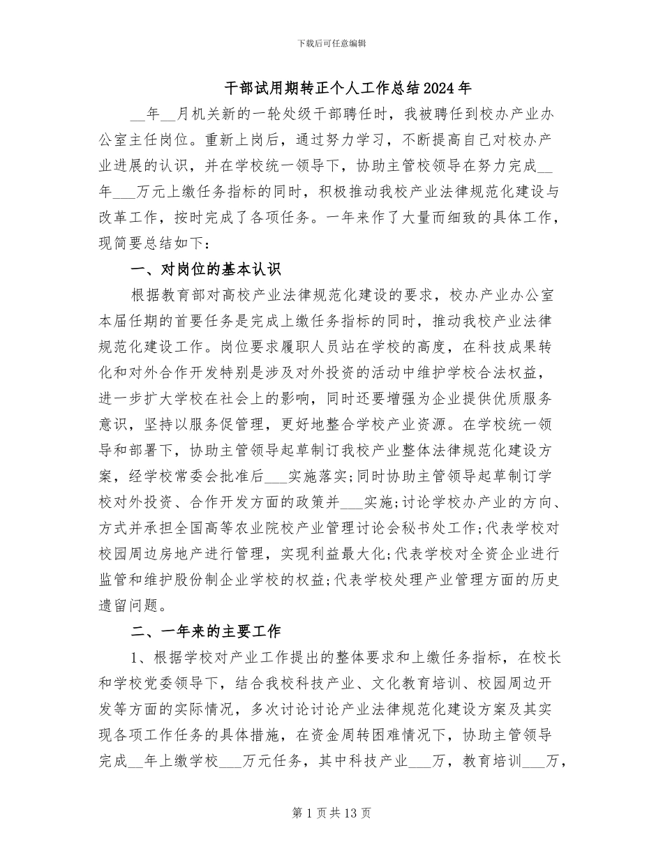 干部试用期转正个人工作总结2024年_第1页