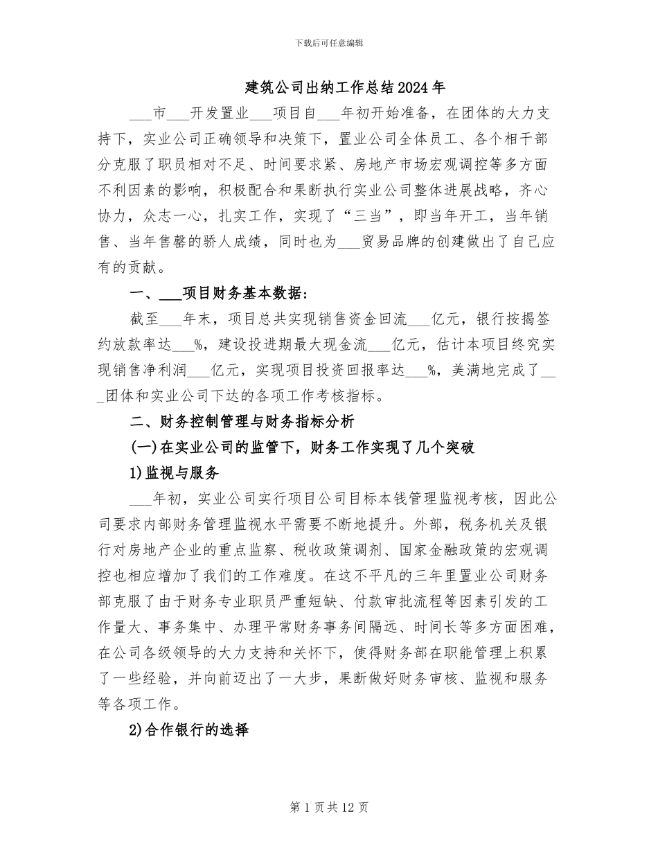 建筑公司出纳工作总结2024年_第1页