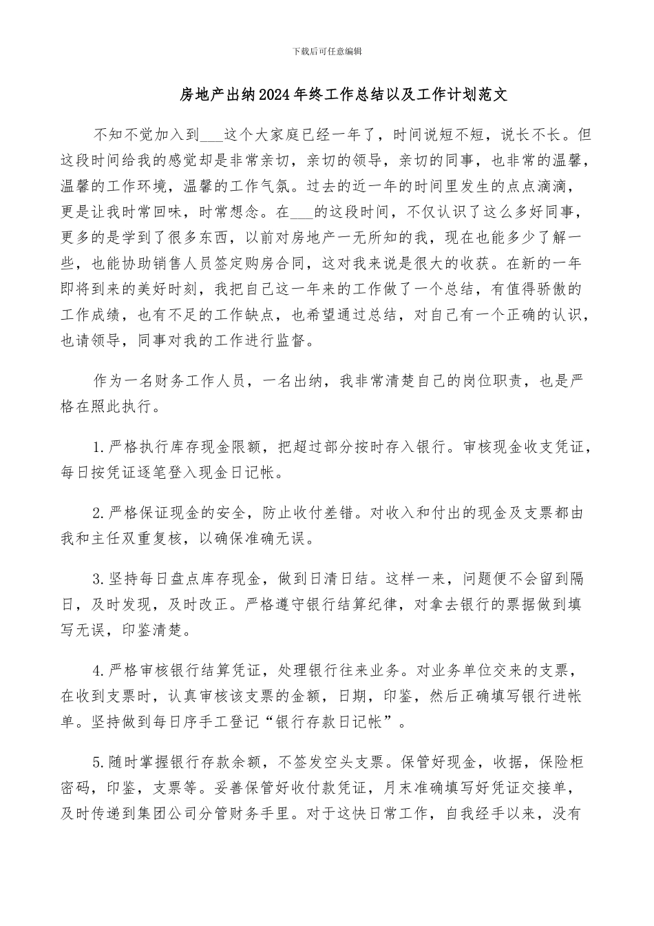 房地产出纳2024年终工作总结以及工作计划范文_第1页
