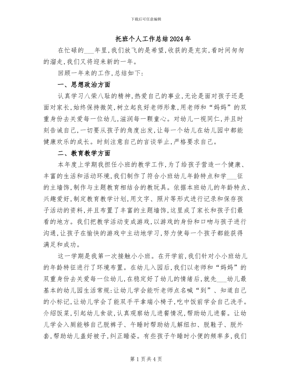 托班个人工作总结2024年_第1页