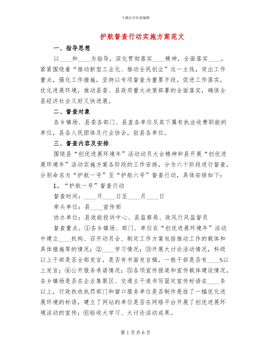 护航督查行动实施方案范文_第1页