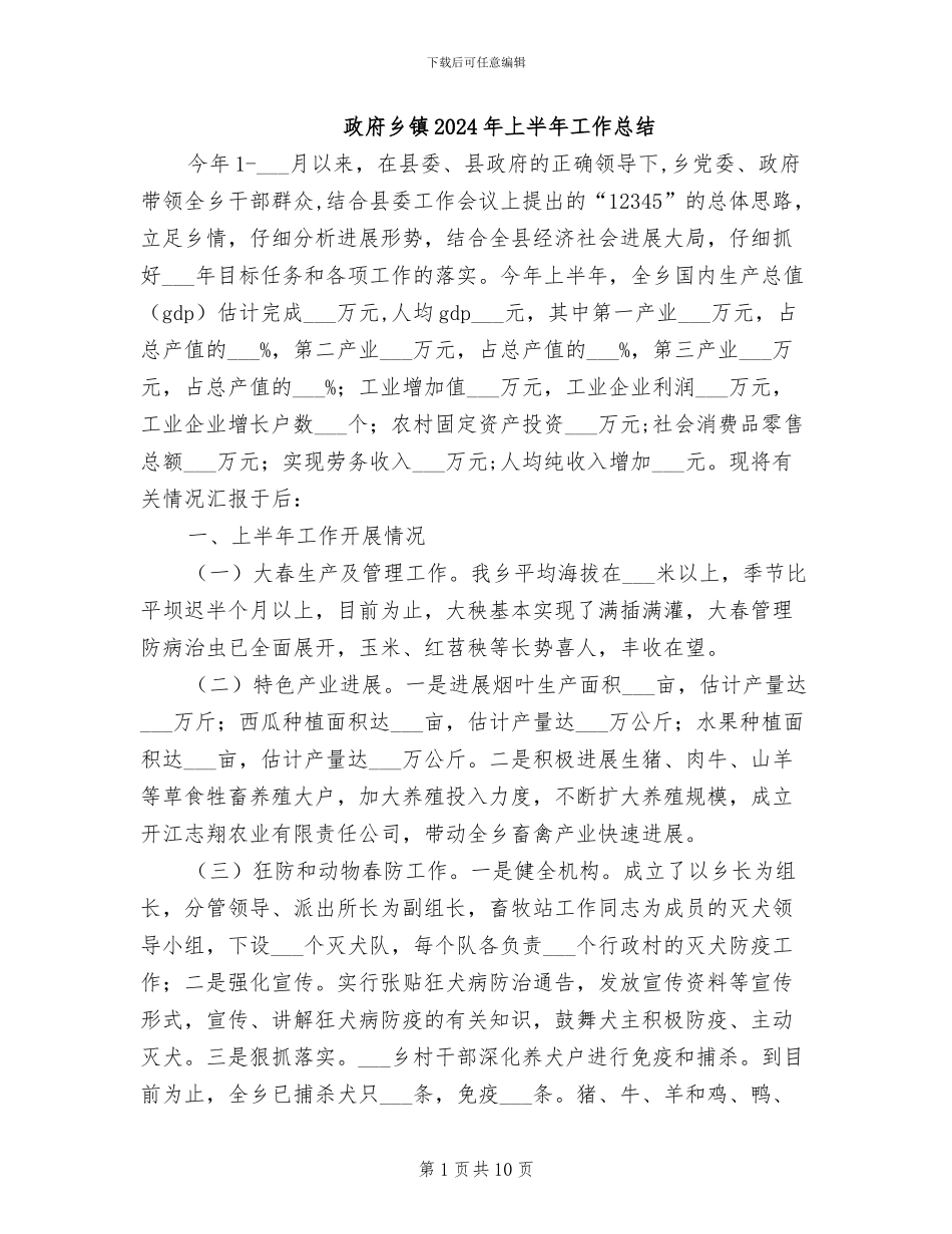 政府乡镇2024年上半年工作总结_第1页