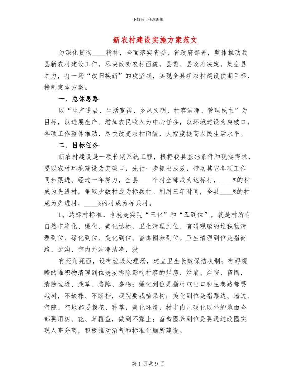 新农村建设实施方案范文(2篇)_第1页