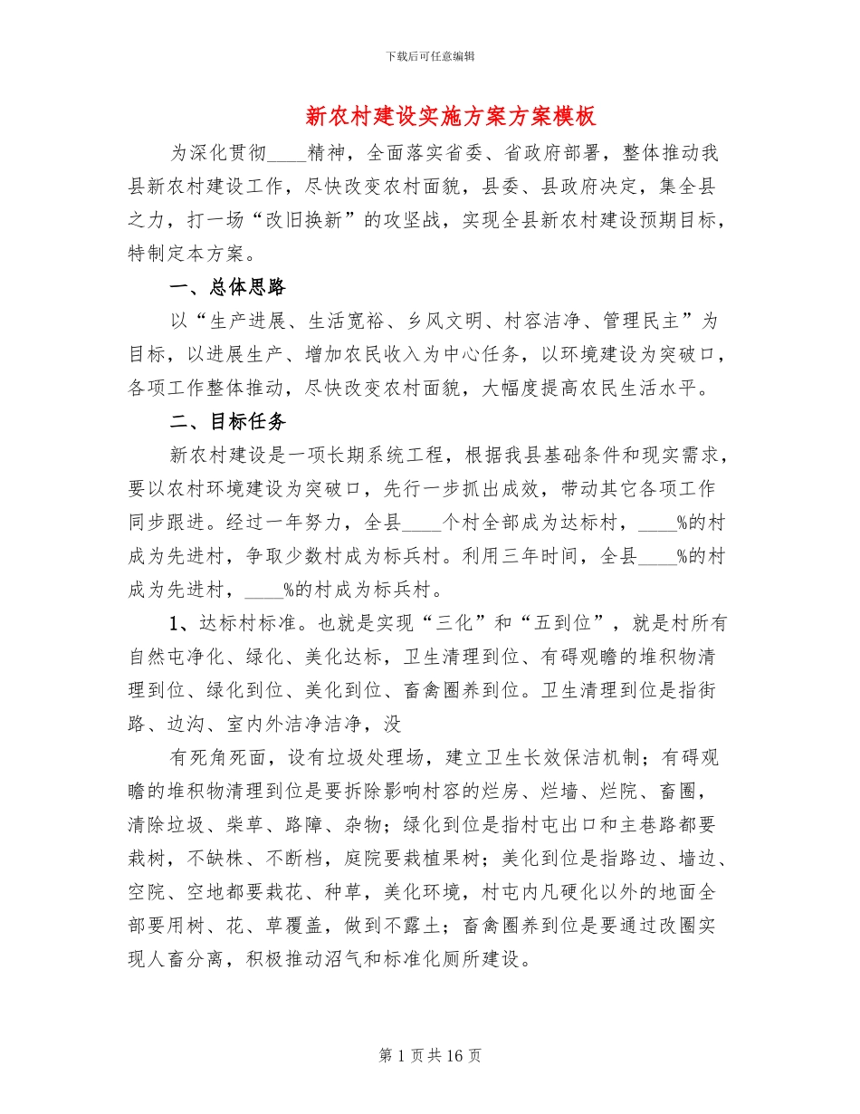 新农村建设实施方案方案模板(4篇)_第1页