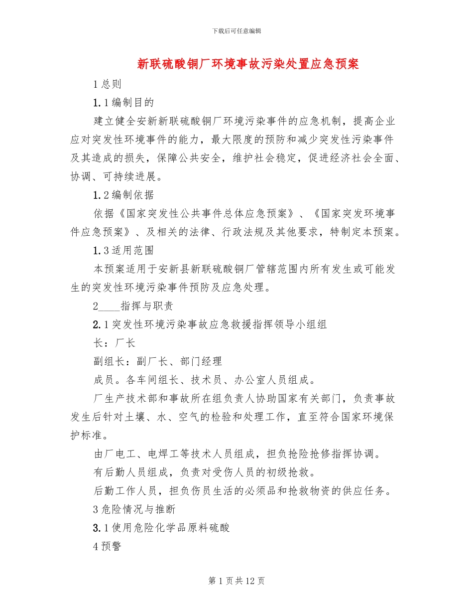 新联硫酸铜厂环境事故污染处置应急预案_第1页
