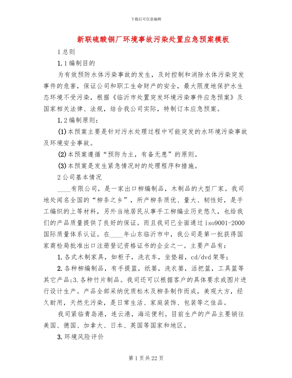 新联硫酸铜厂环境事故污染处置应急预案模板_第1页