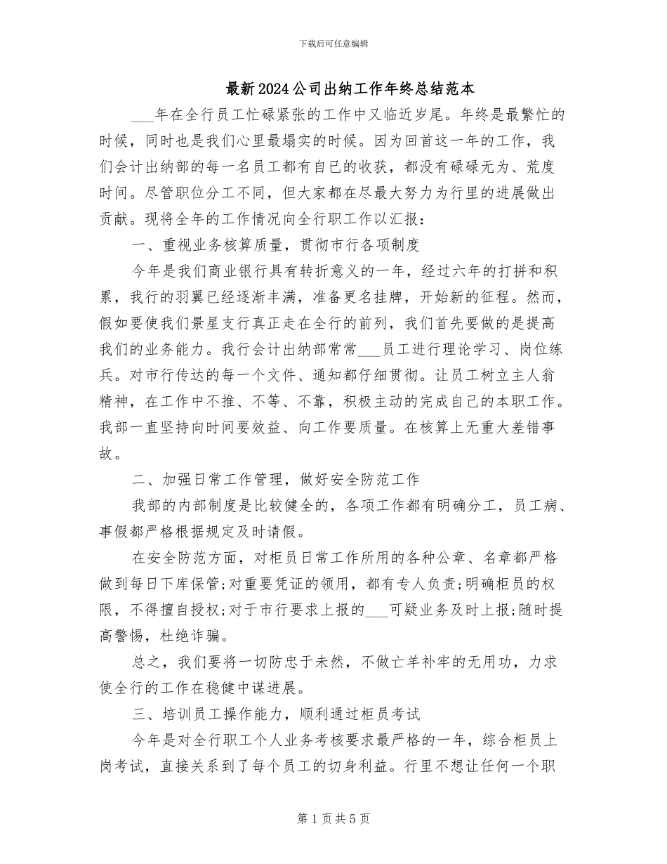 最新2024公司出纳工作年终总结范本_第1页