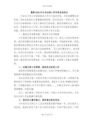 最新2024年公司出纳工作年终总结范本