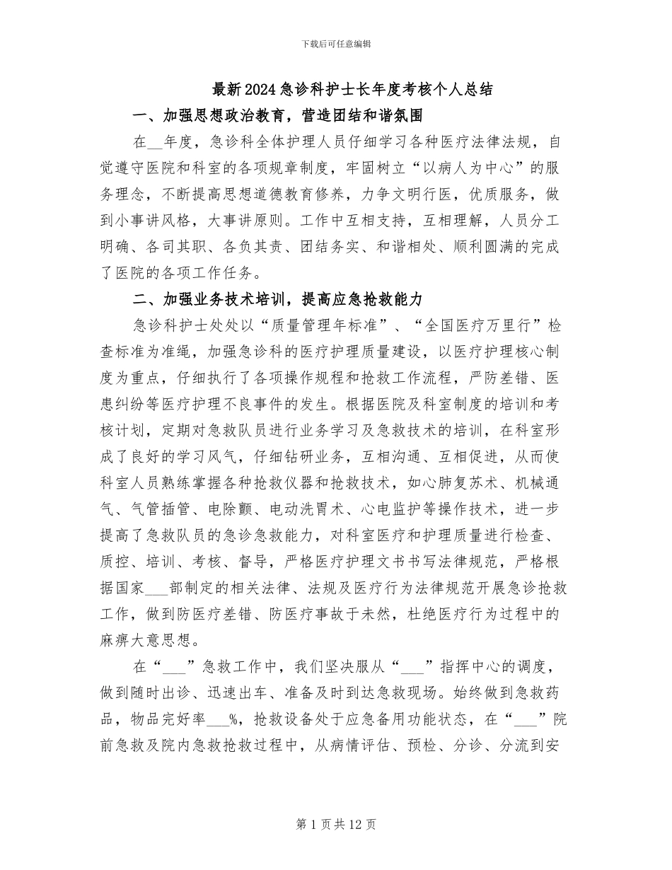 最新2024急诊科护士长年度考核个人总结_第1页