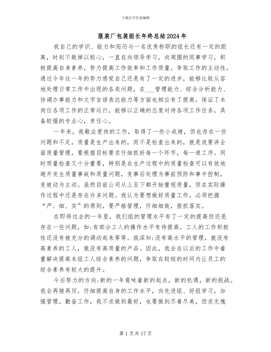 服装厂包装组长年终总结2024年_第1页