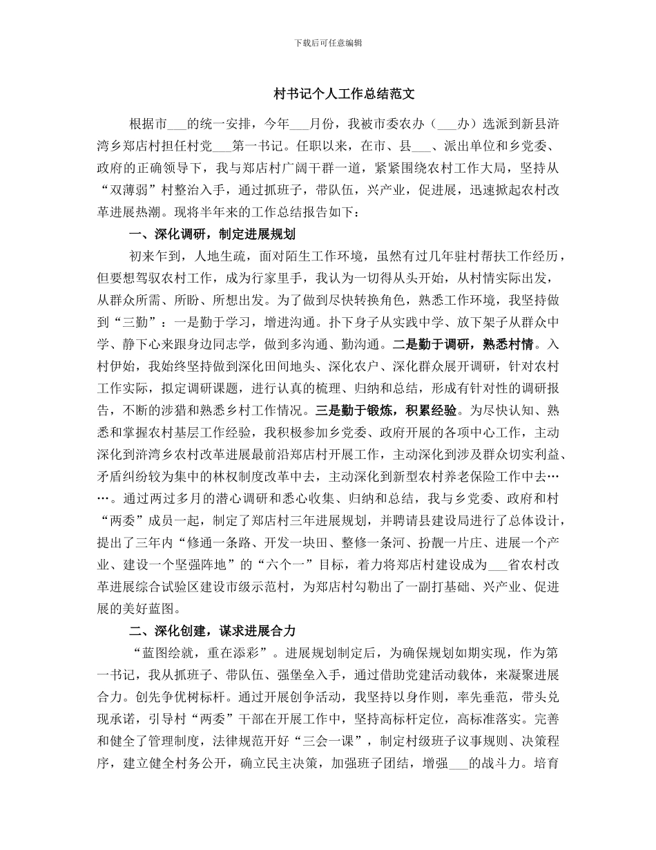 村书记个人工作总结范文_第1页