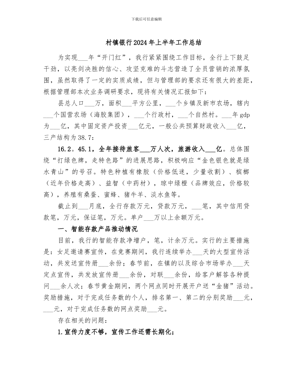 村镇银行2024年上半年工作总结_第1页