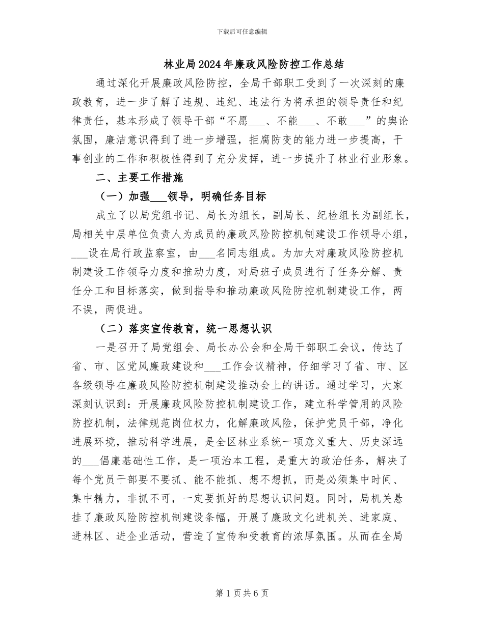 林业局2024年廉政风险防控工作总结_第1页