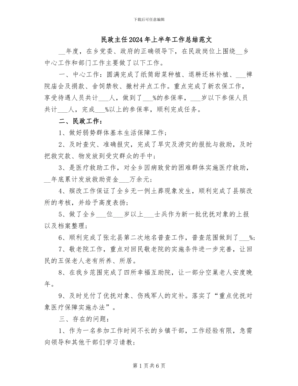 民政主任2024年上半年工作总结范文_第1页