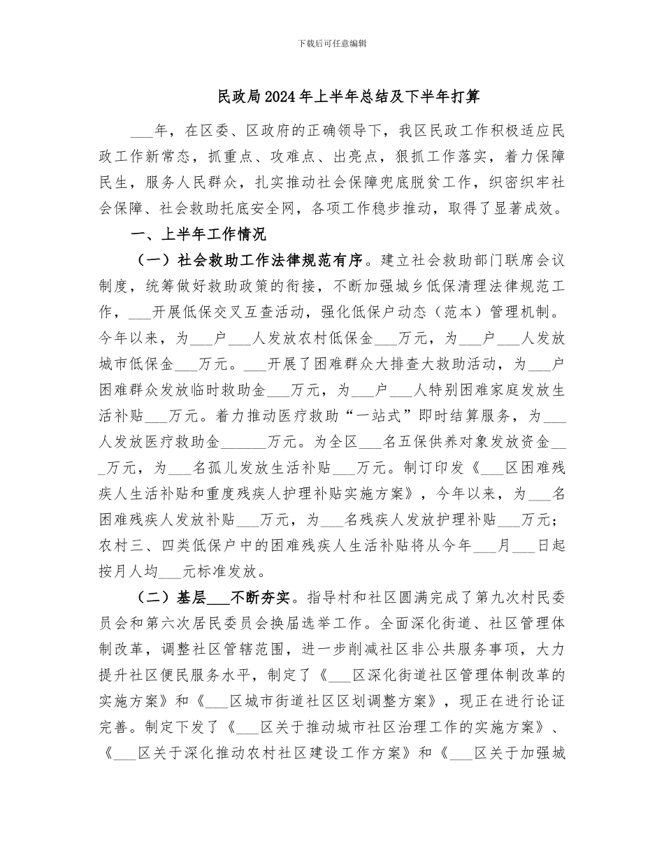 民政局2024年上半年总结及下半年打算_第1页