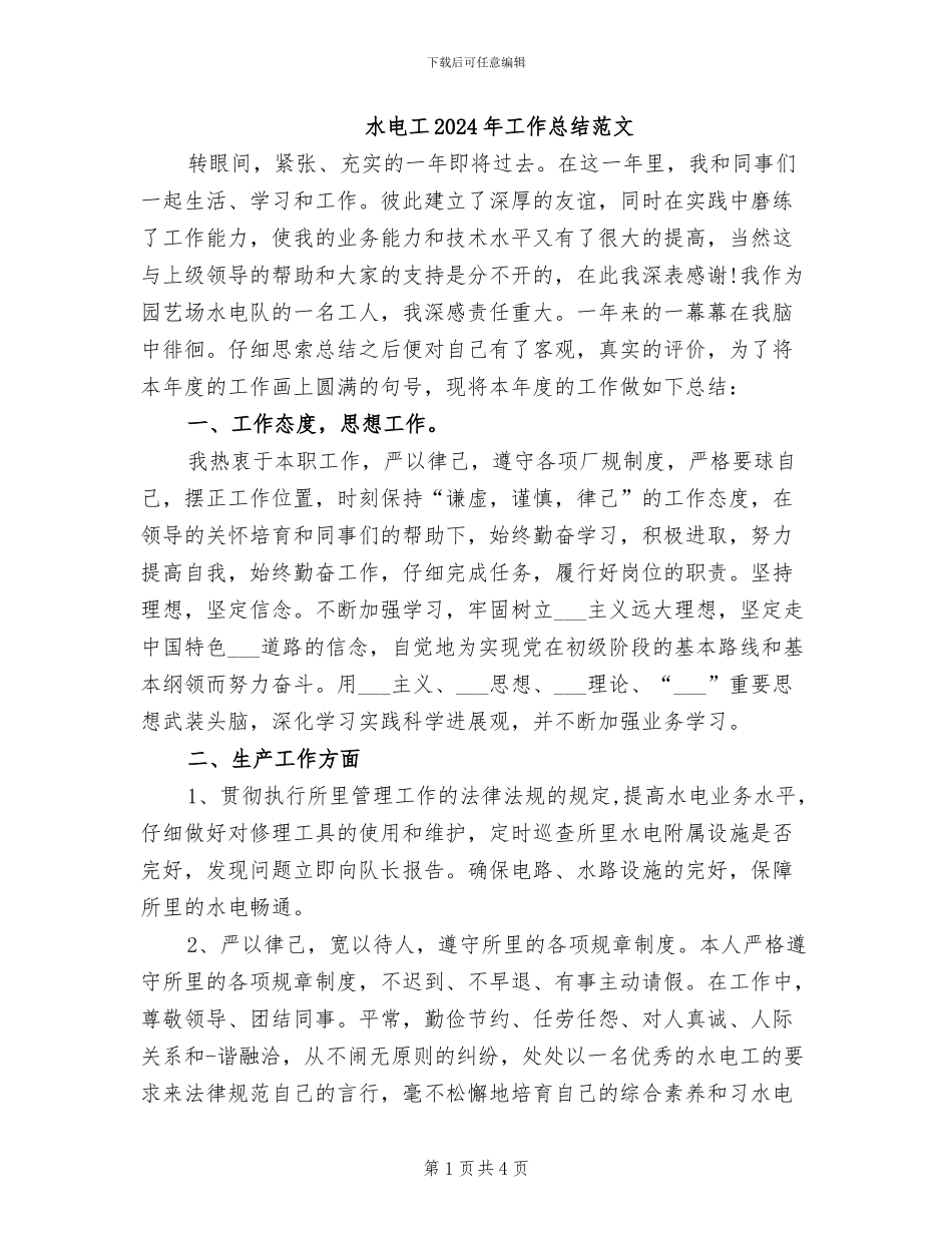 水电工2024年工作总结范文_第1页