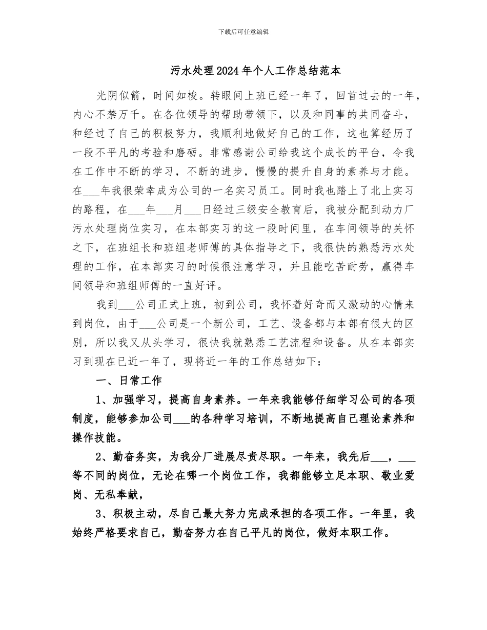 污水处理2024年个人工作总结范本_第1页