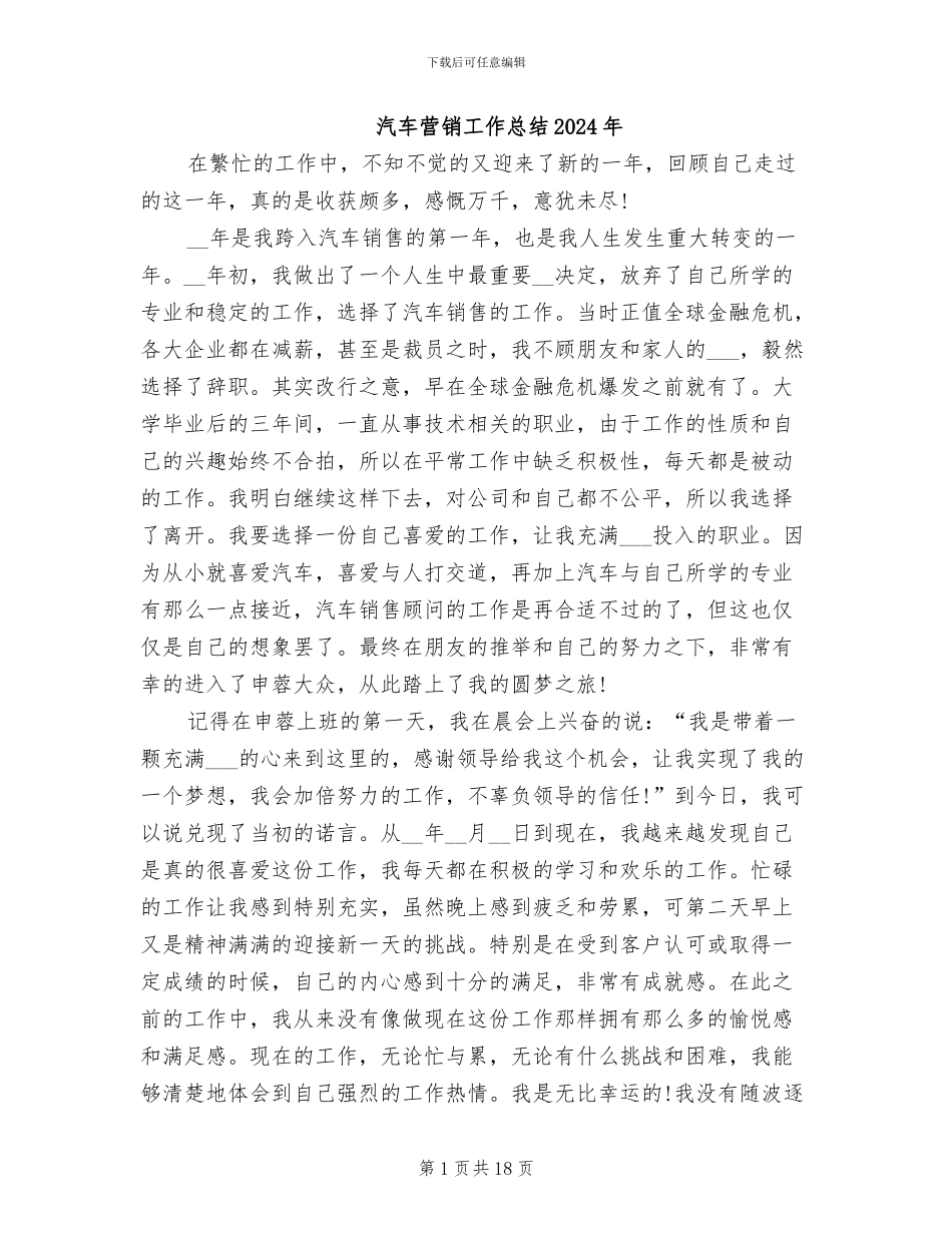 汽车营销工作总结2024年_第1页