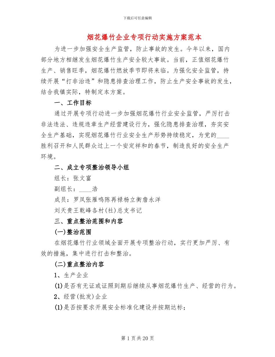 烟花爆竹企业专项行动实施方案范本_第1页