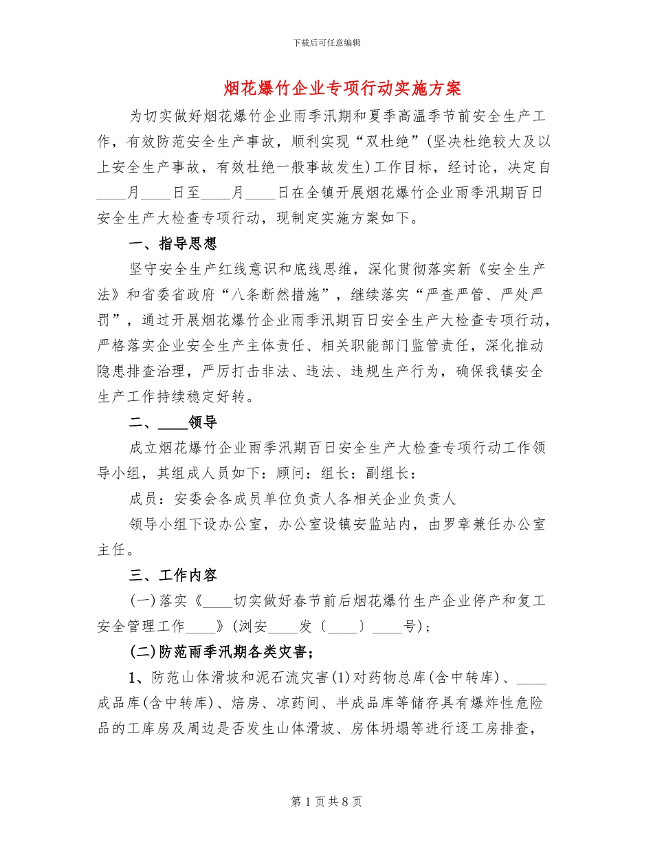 烟花爆竹企业专项行动实施方案_第1页