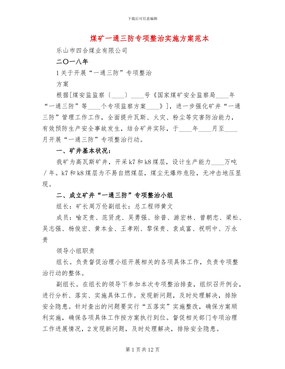 煤矿一通三防专项整治实施方案范本_第1页