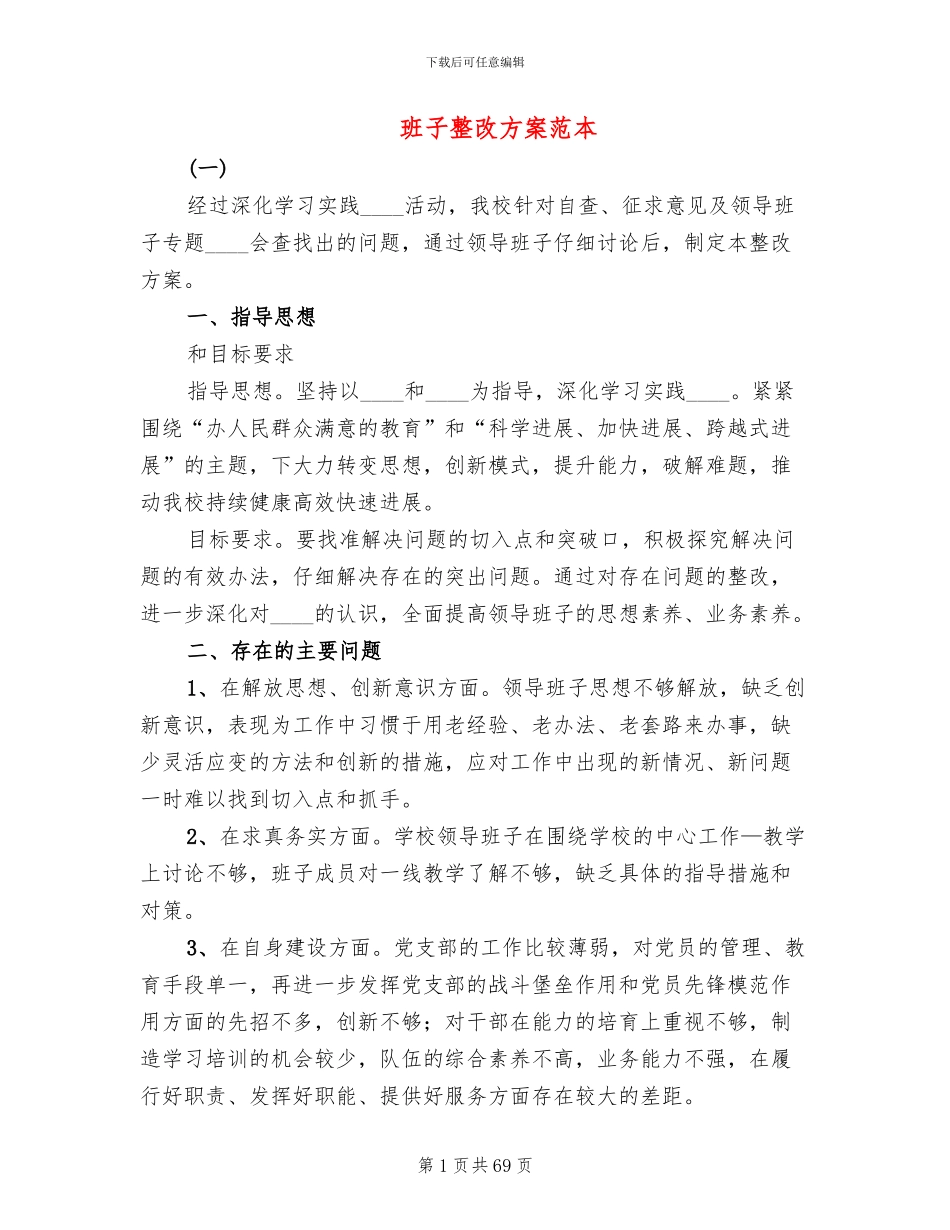 班子整改方案范本_第1页