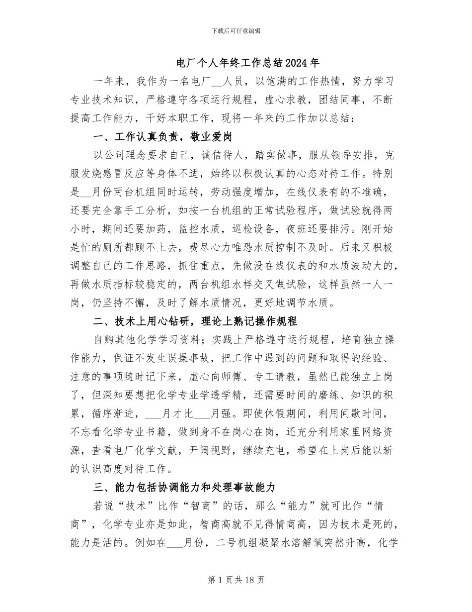 电厂个人年终工作总结2024年_第1页