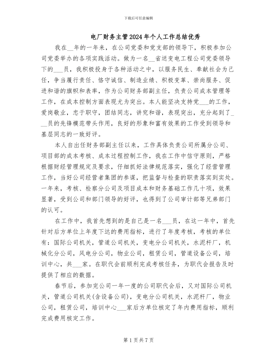 电厂财务主管2024年个人工作总结优秀_第1页