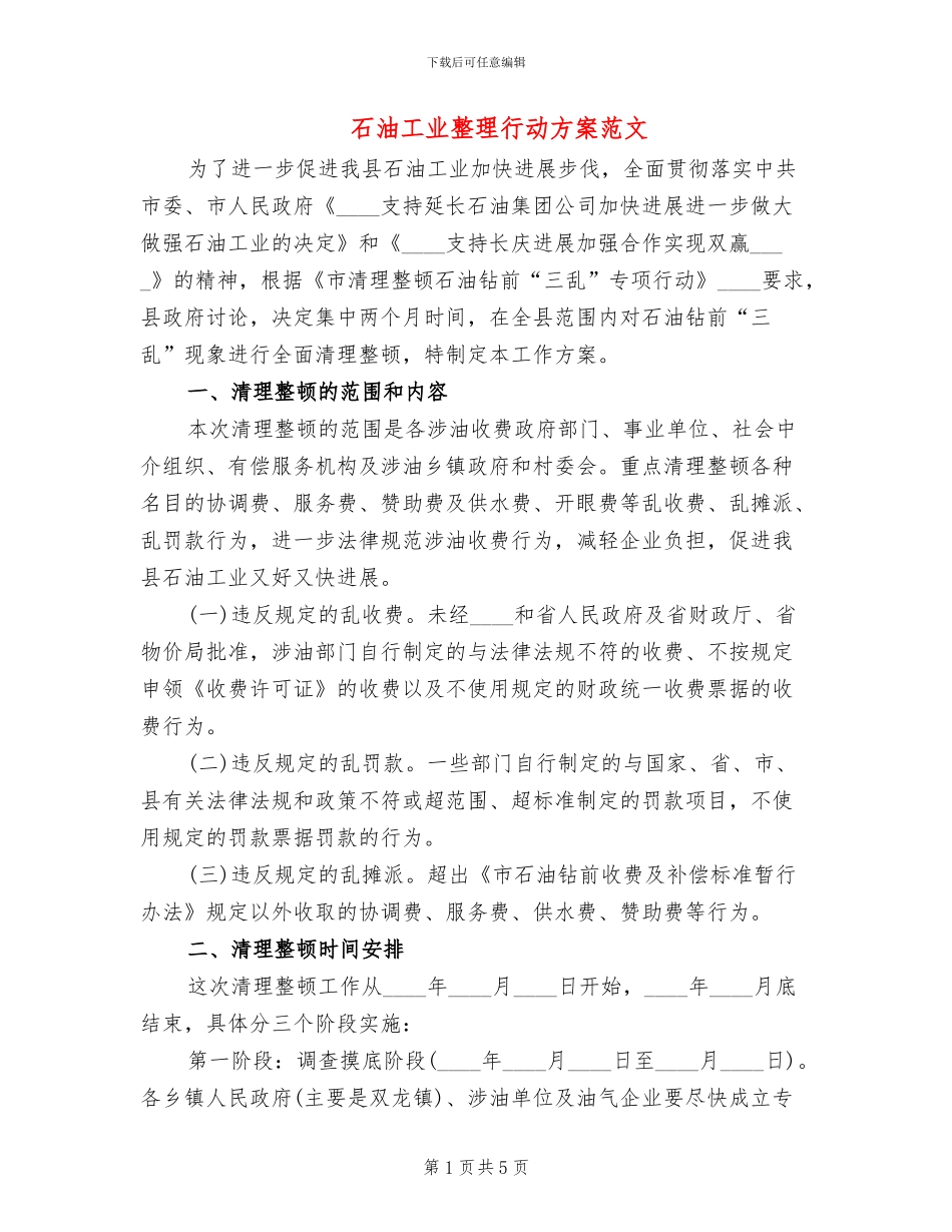 石油工业整理行动方案范文_第1页