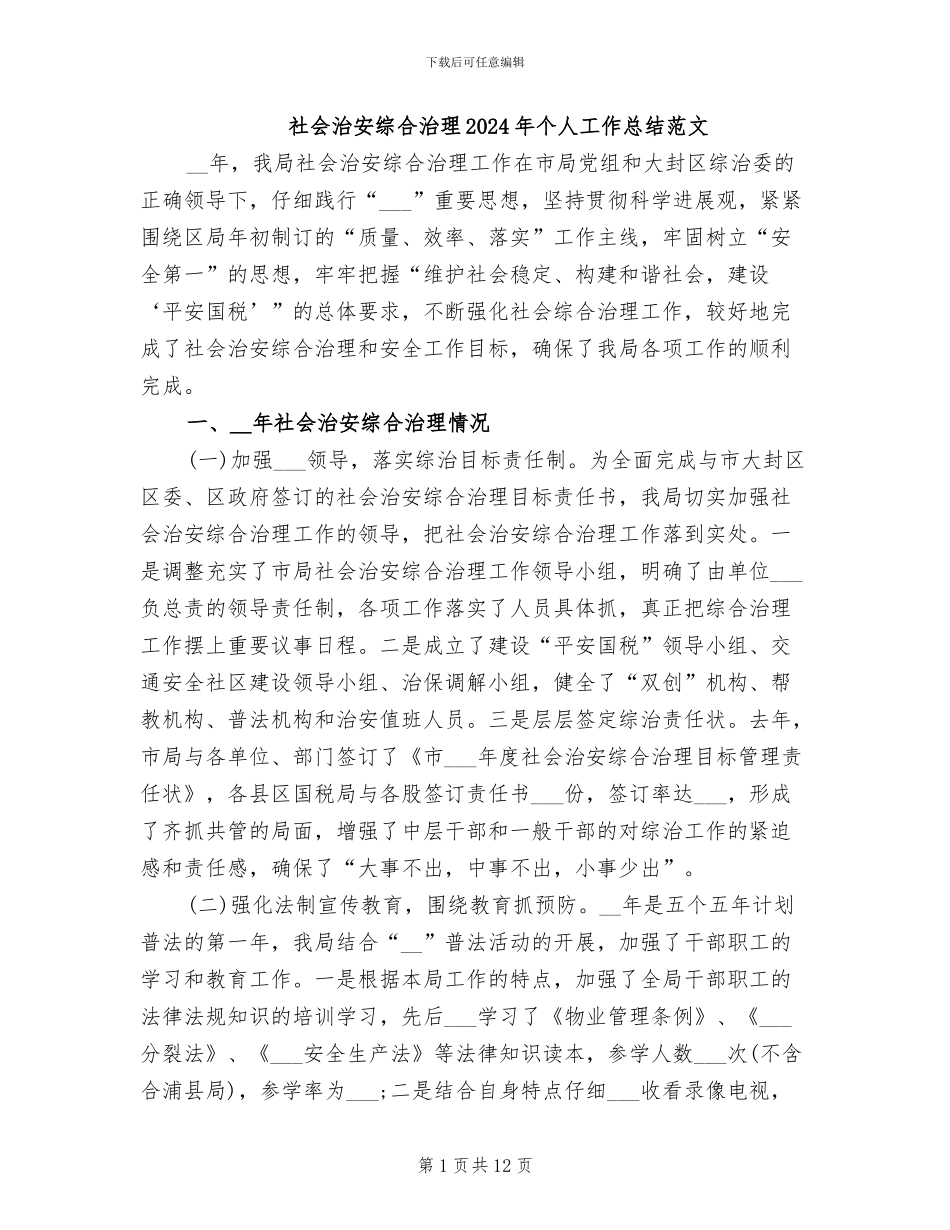 社会治安综合治理2024年个人工作总结范文_第1页