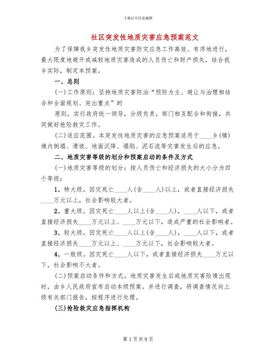 社区突发性地质灾害应急预案范文_第1页
