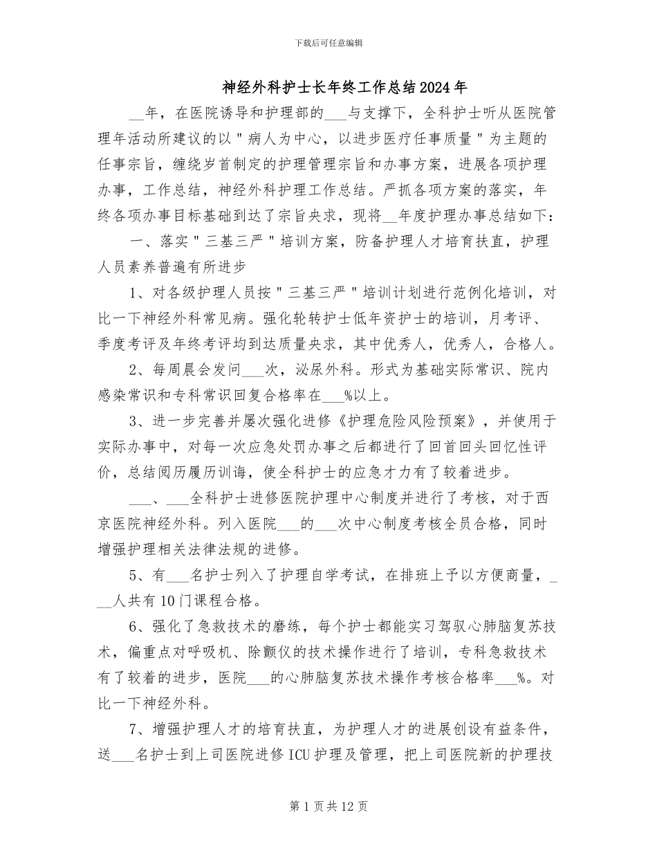 神经外科护士长年终工作总结2024年_第1页