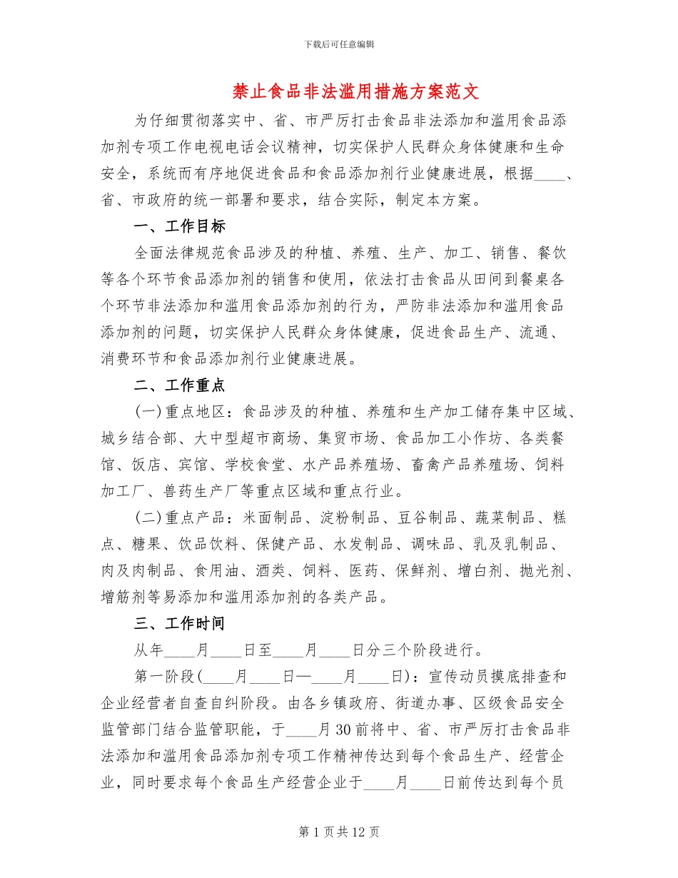 禁止食品非法滥用措施方案范文_第1页