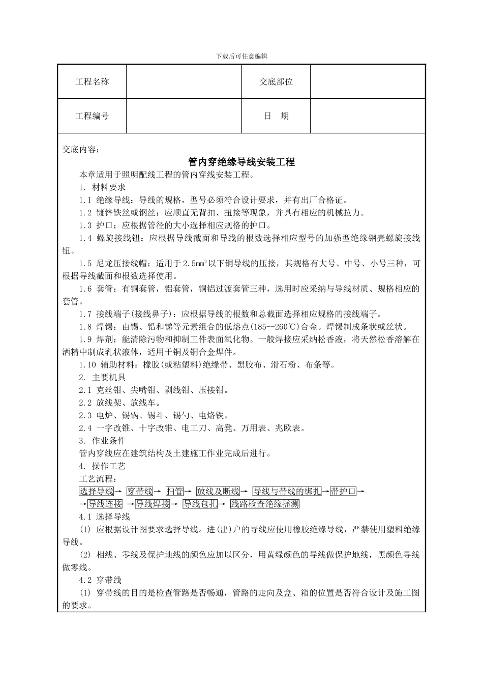 管内穿绝缘导线安装工程技术交底_第1页
