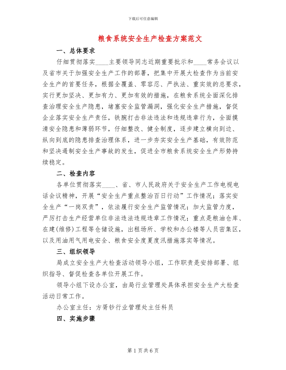 粮食系统安全生产检查方案范文_第1页