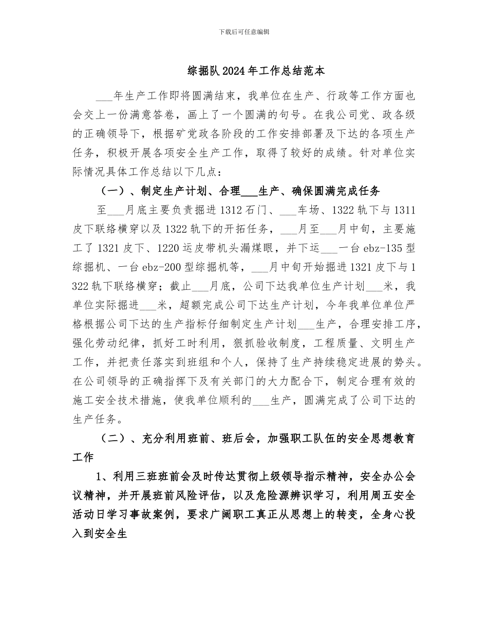 综掘队2024年工作总结范本_第1页