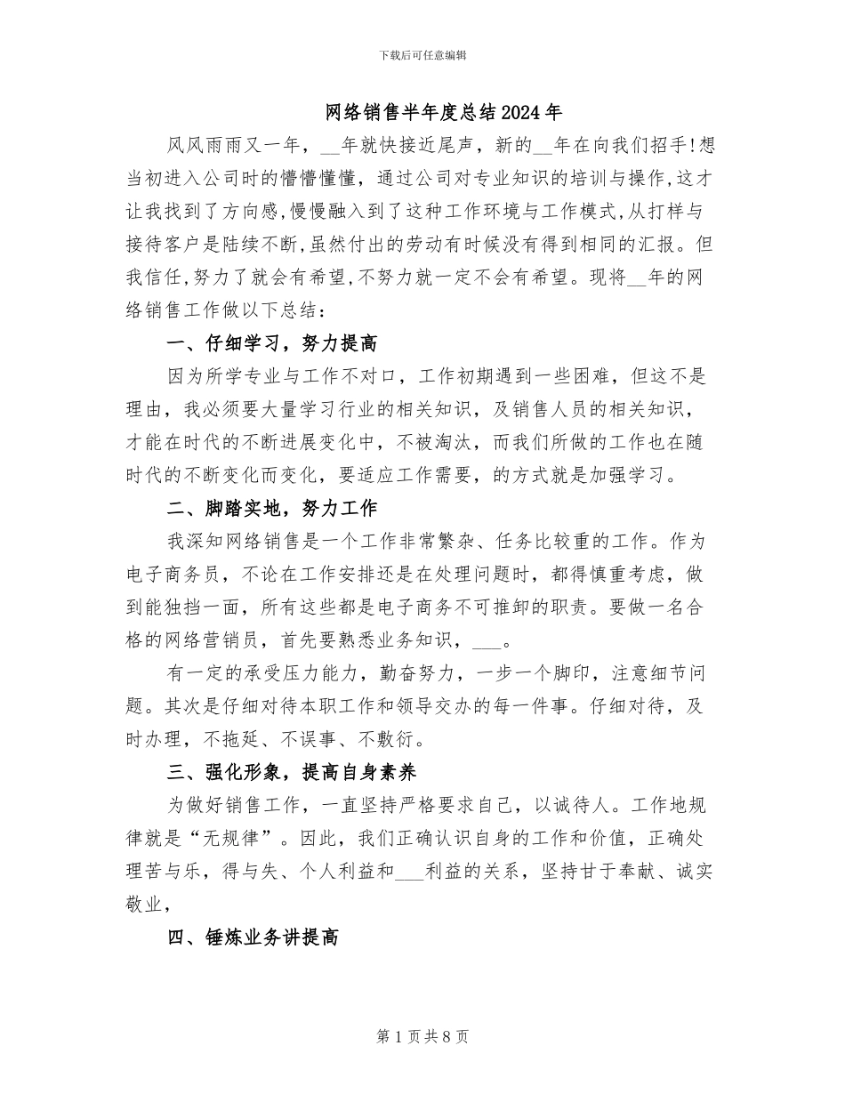 网络销售半年度总结2024年_第1页